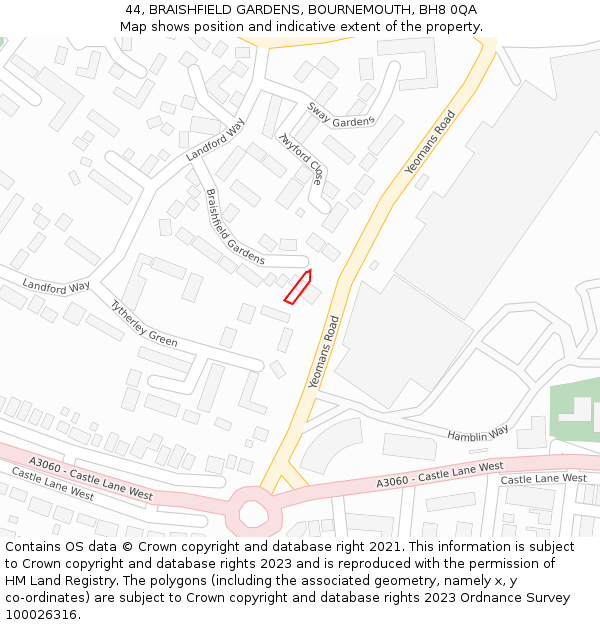 44, BRAISHFIELD GARDENS, BOURNEMOUTH, BH8 0QA: Location map and indicative extent of plot