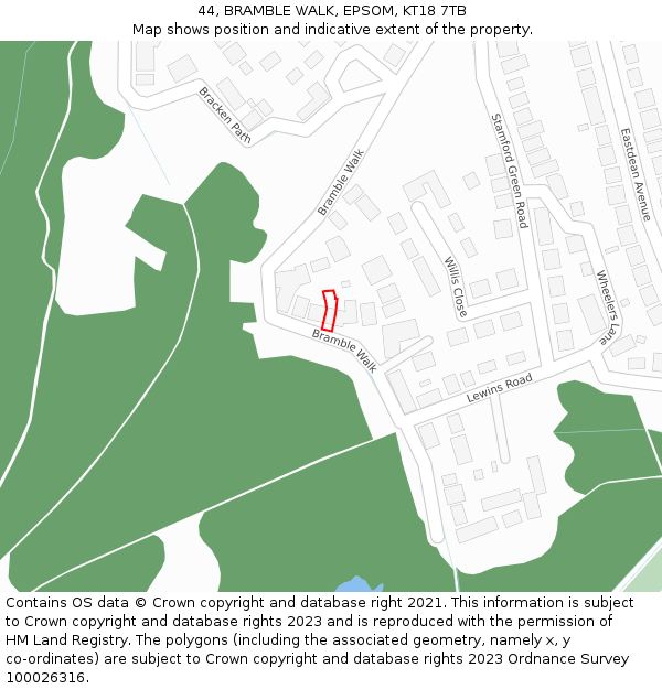 44, BRAMBLE WALK, EPSOM, KT18 7TB: Location map and indicative extent of plot