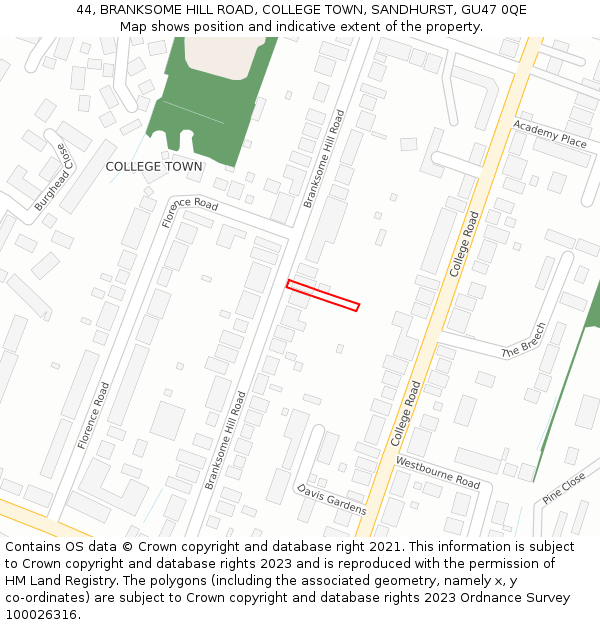 44, BRANKSOME HILL ROAD, COLLEGE TOWN, SANDHURST, GU47 0QE: Location map and indicative extent of plot