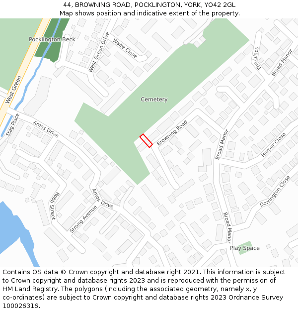 44, BROWNING ROAD, POCKLINGTON, YORK, YO42 2GL: Location map and indicative extent of plot