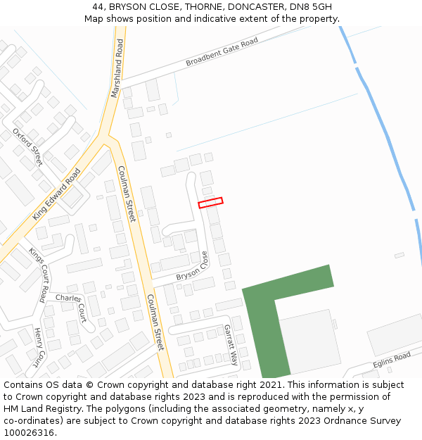 44, BRYSON CLOSE, THORNE, DONCASTER, DN8 5GH: Location map and indicative extent of plot