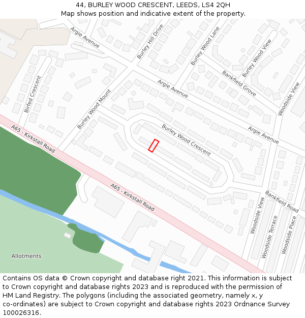 44, BURLEY WOOD CRESCENT, LEEDS, LS4 2QH: Location map and indicative extent of plot