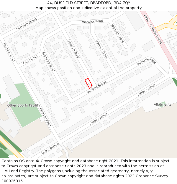44, BUSFIELD STREET, BRADFORD, BD4 7QY: Location map and indicative extent of plot
