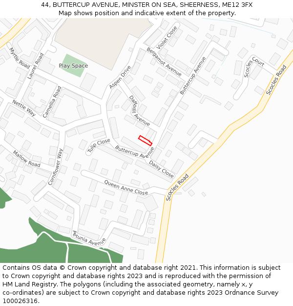 44, BUTTERCUP AVENUE, MINSTER ON SEA, SHEERNESS, ME12 3FX: Location map and indicative extent of plot