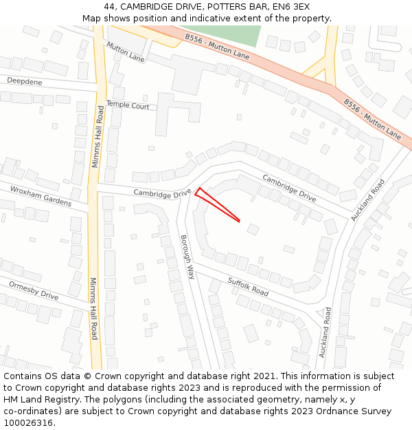 44, CAMBRIDGE DRIVE, POTTERS BAR, EN6 3EX: Location map and indicative extent of plot