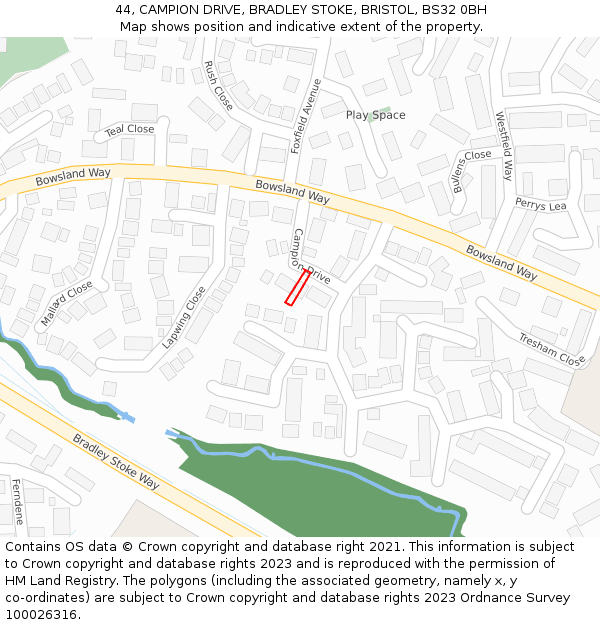 44, CAMPION DRIVE, BRADLEY STOKE, BRISTOL, BS32 0BH: Location map and indicative extent of plot