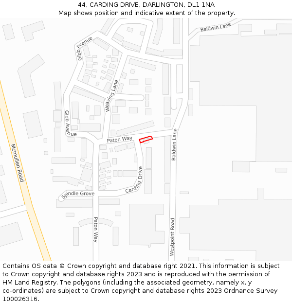 44, CARDING DRIVE, DARLINGTON, DL1 1NA: Location map and indicative extent of plot