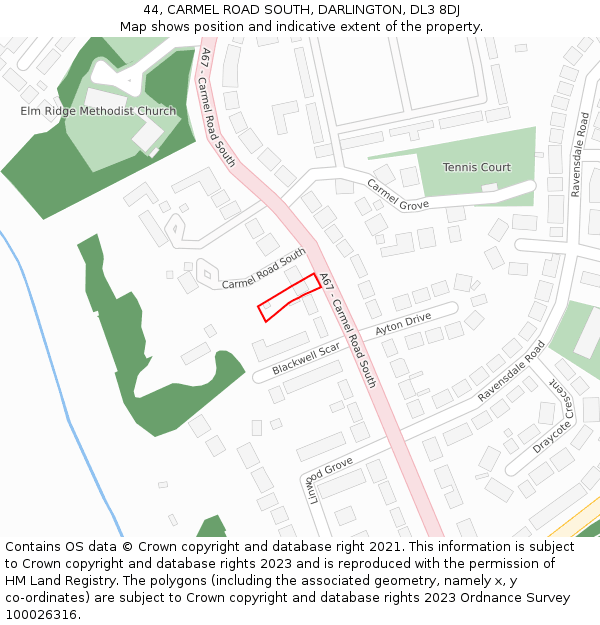 44, CARMEL ROAD SOUTH, DARLINGTON, DL3 8DJ: Location map and indicative extent of plot