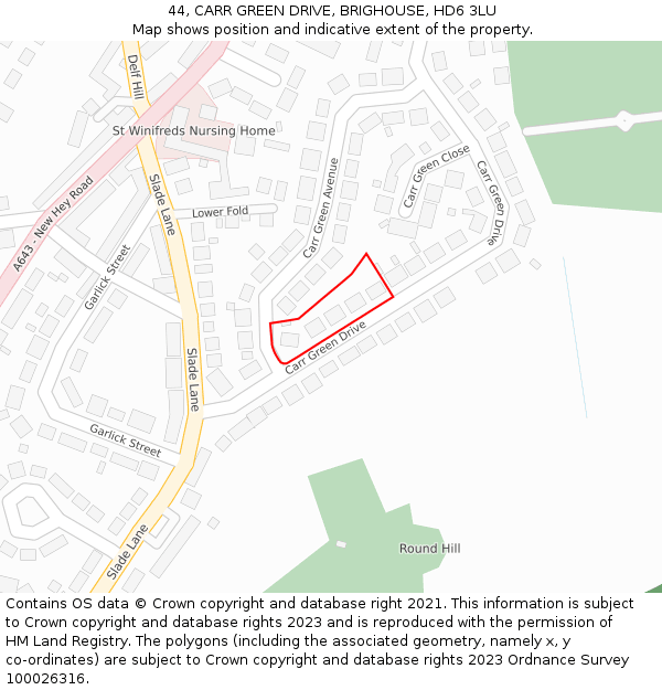 44, CARR GREEN DRIVE, BRIGHOUSE, HD6 3LU: Location map and indicative extent of plot