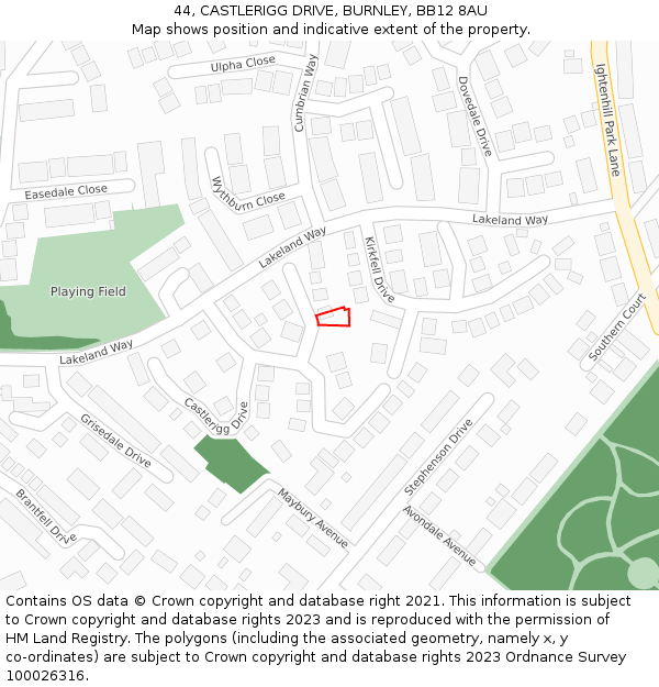 44, CASTLERIGG DRIVE, BURNLEY, BB12 8AU: Location map and indicative extent of plot
