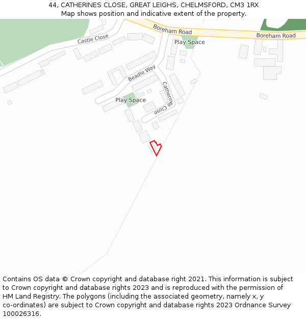 44, CATHERINES CLOSE, GREAT LEIGHS, CHELMSFORD, CM3 1RX: Location map and indicative extent of plot