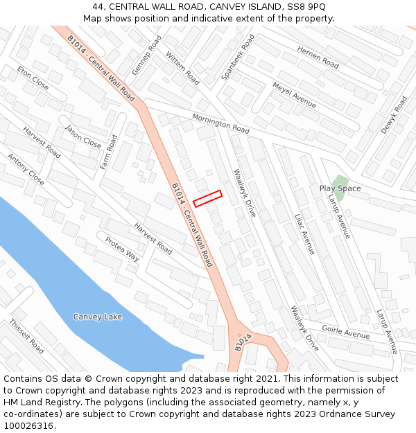 44, CENTRAL WALL ROAD, CANVEY ISLAND, SS8 9PQ: Location map and indicative extent of plot