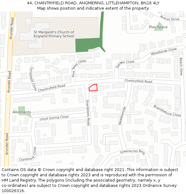 44, CHANTRYFIELD ROAD, ANGMERING, LITTLEHAMPTON, BN16 4LY: Location map and indicative extent of plot