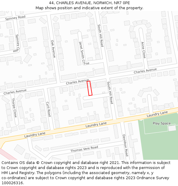 44, CHARLES AVENUE, NORWICH, NR7 0PE: Location map and indicative extent of plot