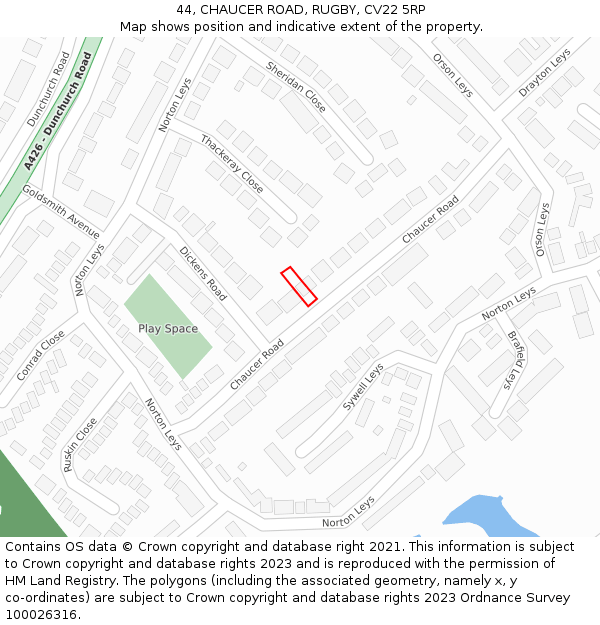 44, CHAUCER ROAD, RUGBY, CV22 5RP: Location map and indicative extent of plot