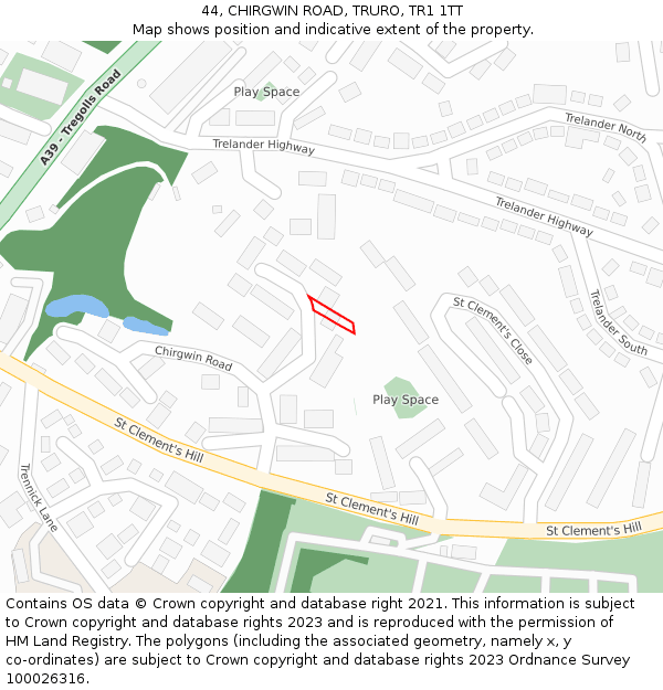 44, CHIRGWIN ROAD, TRURO, TR1 1TT: Location map and indicative extent of plot