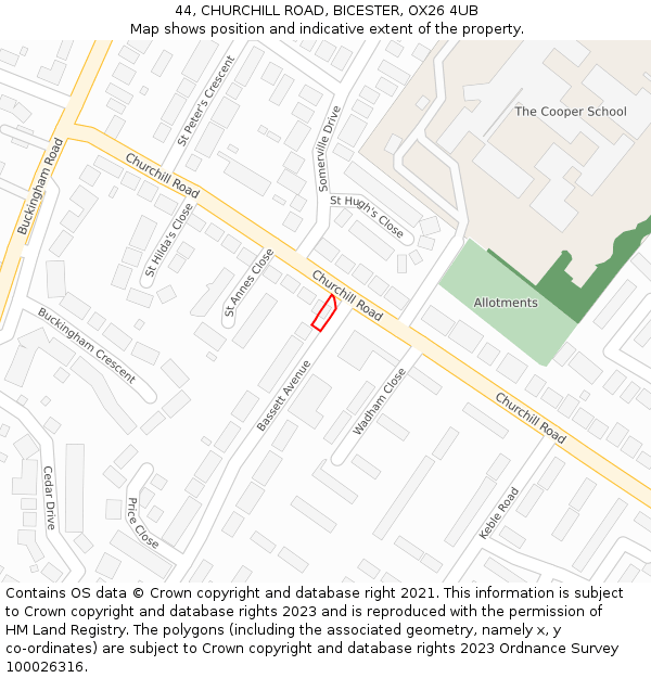 44, CHURCHILL ROAD, BICESTER, OX26 4UB: Location map and indicative extent of plot