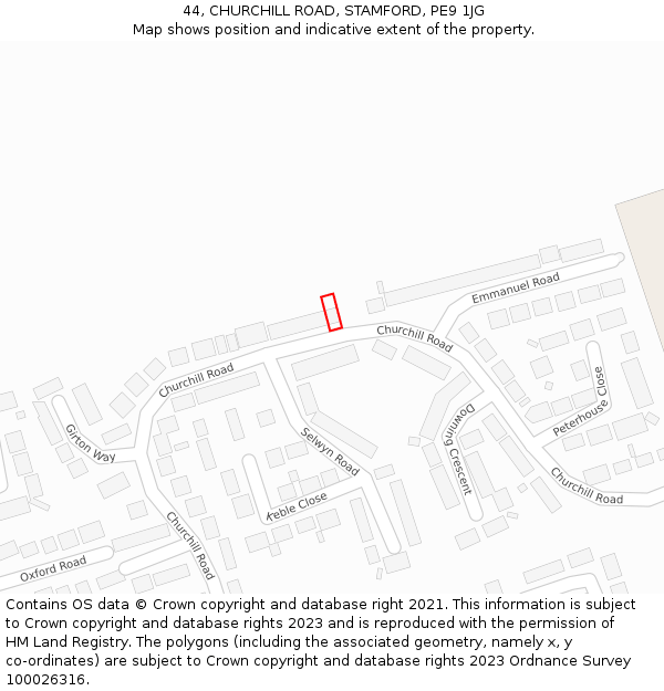 44, CHURCHILL ROAD, STAMFORD, PE9 1JG: Location map and indicative extent of plot