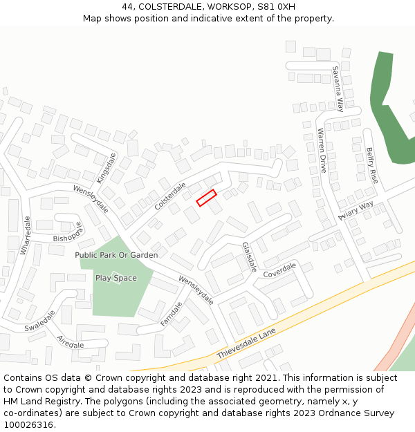 44, COLSTERDALE, WORKSOP, S81 0XH: Location map and indicative extent of plot