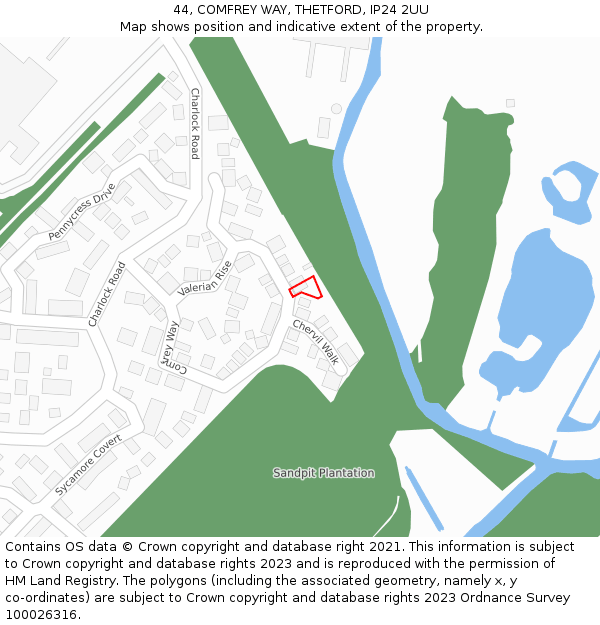 44, COMFREY WAY, THETFORD, IP24 2UU: Location map and indicative extent of plot