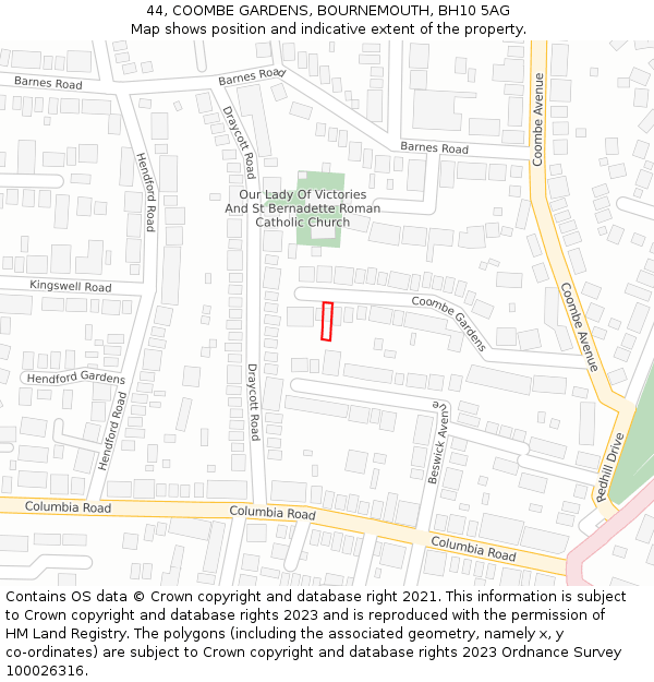 44, COOMBE GARDENS, BOURNEMOUTH, BH10 5AG: Location map and indicative extent of plot