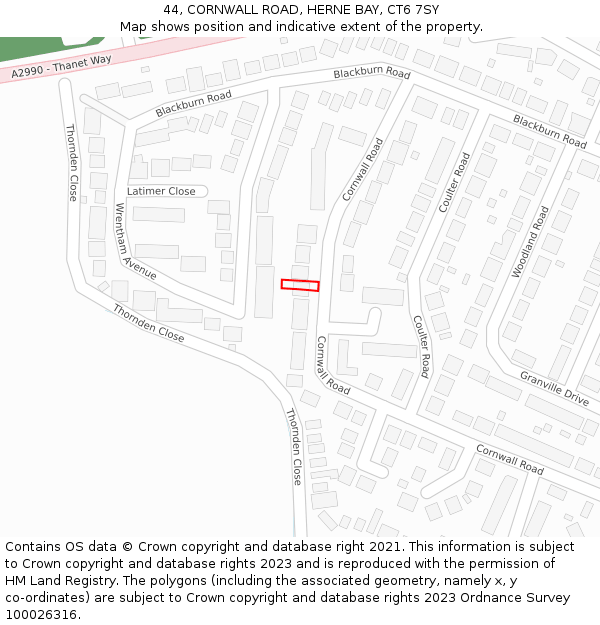 44, CORNWALL ROAD, HERNE BAY, CT6 7SY: Location map and indicative extent of plot