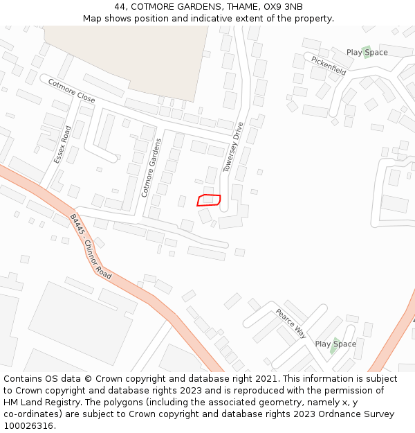 44, COTMORE GARDENS, THAME, OX9 3NB: Location map and indicative extent of plot
