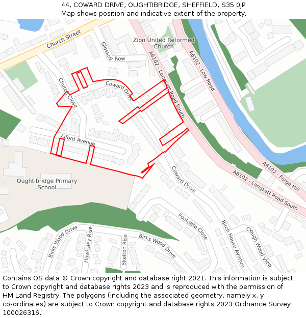 44, COWARD DRIVE, OUGHTIBRIDGE, SHEFFIELD, S35 0JP: Location map and indicative extent of plot