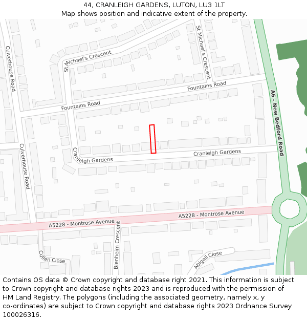 44, CRANLEIGH GARDENS, LUTON, LU3 1LT: Location map and indicative extent of plot