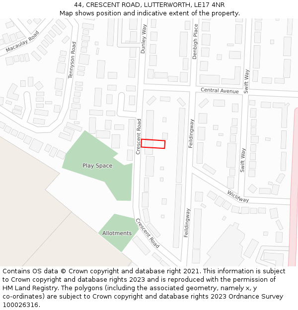 44, CRESCENT ROAD, LUTTERWORTH, LE17 4NR: Location map and indicative extent of plot