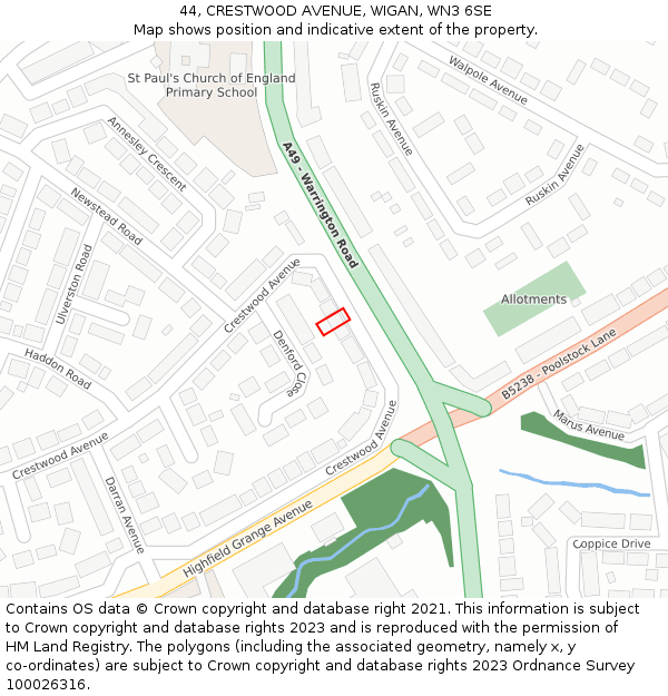 44, CRESTWOOD AVENUE, WIGAN, WN3 6SE: Location map and indicative extent of plot