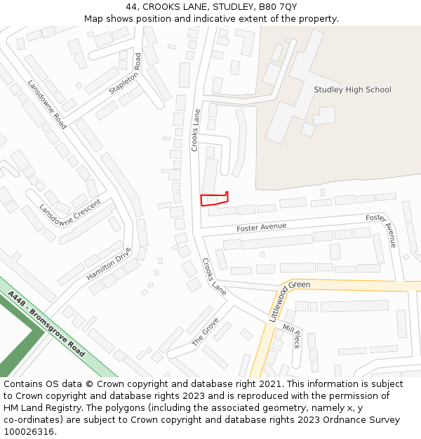 44, CROOKS LANE, STUDLEY, B80 7QY: Location map and indicative extent of plot