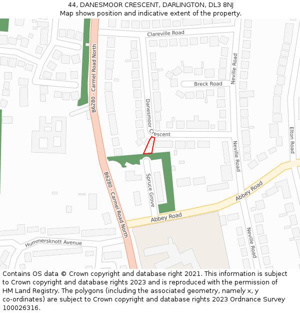 44, DANESMOOR CRESCENT, DARLINGTON, DL3 8NJ: Location map and indicative extent of plot
