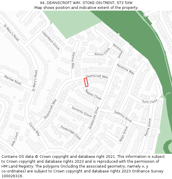 44, DEANSCROFT WAY, STOKE-ON-TRENT, ST3 5XW: Location map and indicative extent of plot
