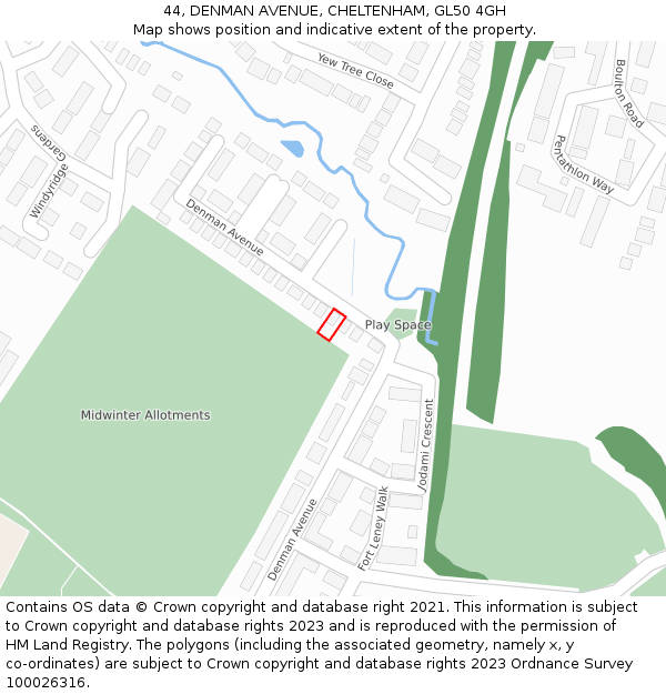 44, DENMAN AVENUE, CHELTENHAM, GL50 4GH: Location map and indicative extent of plot