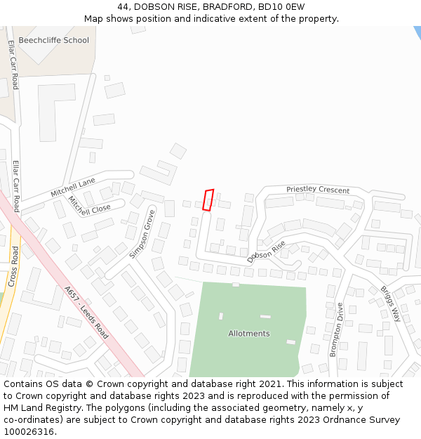 44, DOBSON RISE, BRADFORD, BD10 0EW: Location map and indicative extent of plot