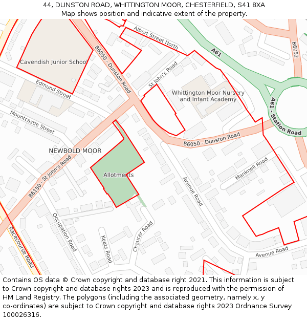 44, DUNSTON ROAD, WHITTINGTON MOOR, CHESTERFIELD, S41 8XA: Location map and indicative extent of plot
