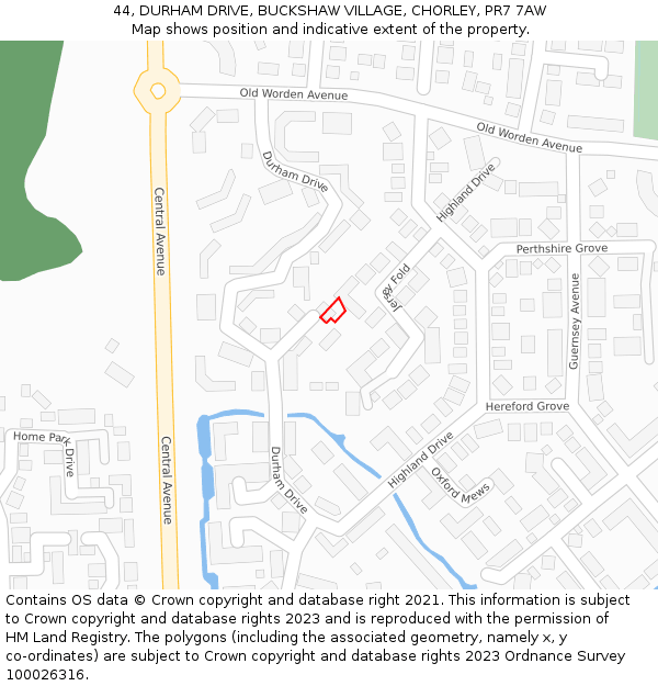 44, DURHAM DRIVE, BUCKSHAW VILLAGE, CHORLEY, PR7 7AW: Location map and indicative extent of plot