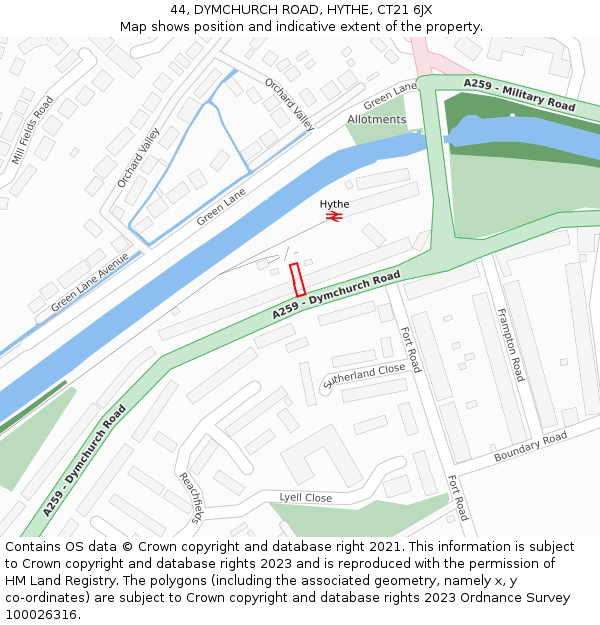 44, DYMCHURCH ROAD, HYTHE, CT21 6JX: Location map and indicative extent of plot
