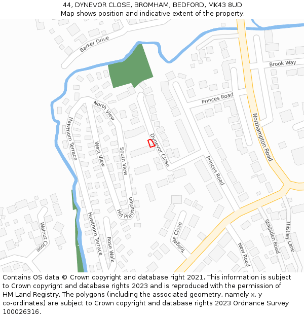 44, DYNEVOR CLOSE, BROMHAM, BEDFORD, MK43 8UD: Location map and indicative extent of plot