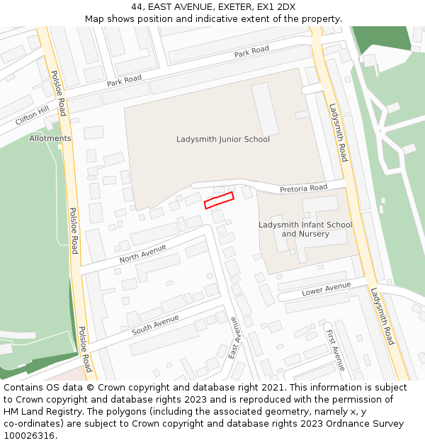 44, EAST AVENUE, EXETER, EX1 2DX: Location map and indicative extent of plot