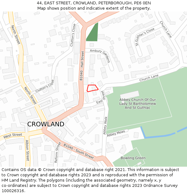 44, EAST STREET, CROWLAND, PETERBOROUGH, PE6 0EN: Location map and indicative extent of plot