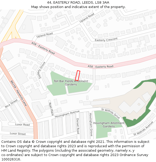 44, EASTERLY ROAD, LEEDS, LS8 3AA: Location map and indicative extent of plot