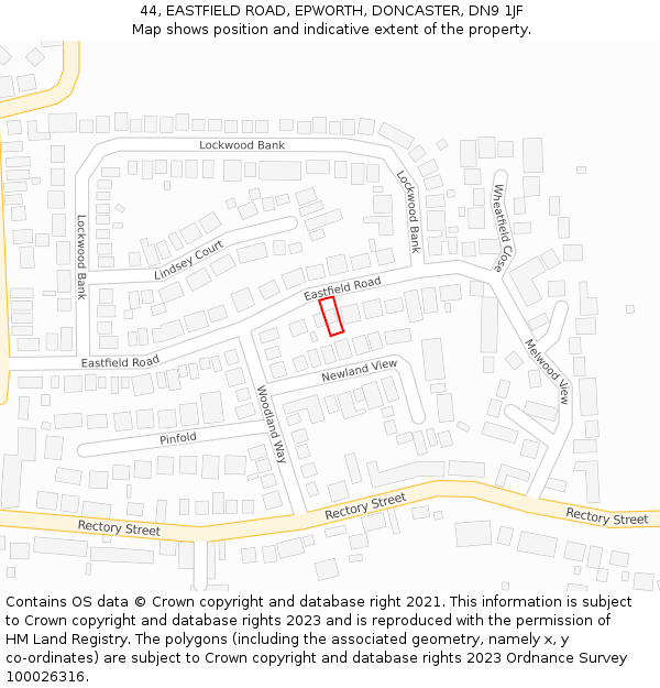 44, EASTFIELD ROAD, EPWORTH, DONCASTER, DN9 1JF: Location map and indicative extent of plot