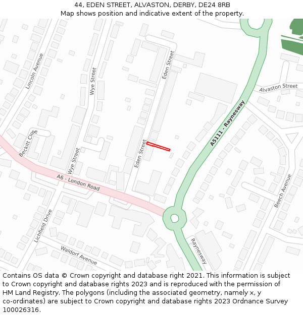 44, EDEN STREET, ALVASTON, DERBY, DE24 8RB: Location map and indicative extent of plot