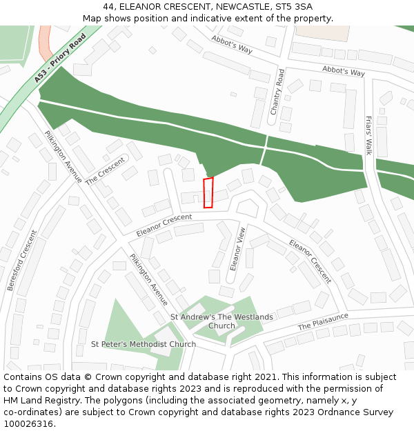 44, ELEANOR CRESCENT, NEWCASTLE, ST5 3SA: Location map and indicative extent of plot