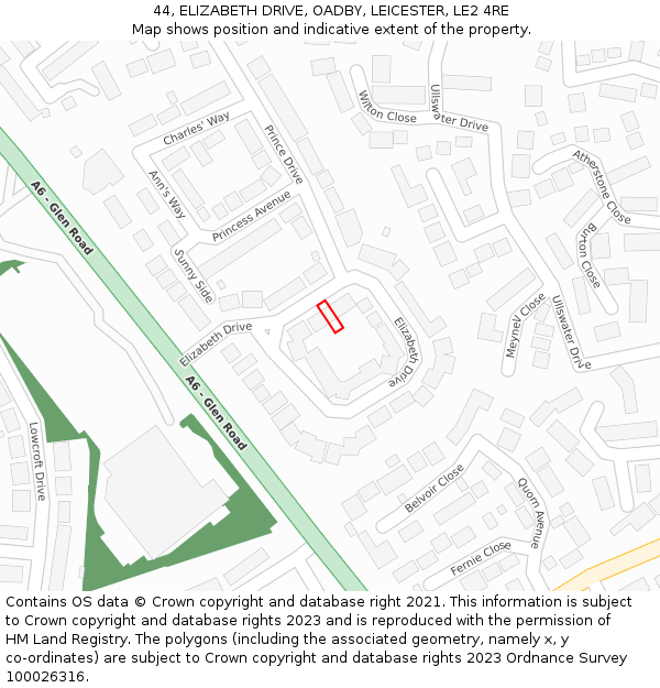 44, ELIZABETH DRIVE, OADBY, LEICESTER, LE2 4RE: Location map and indicative extent of plot