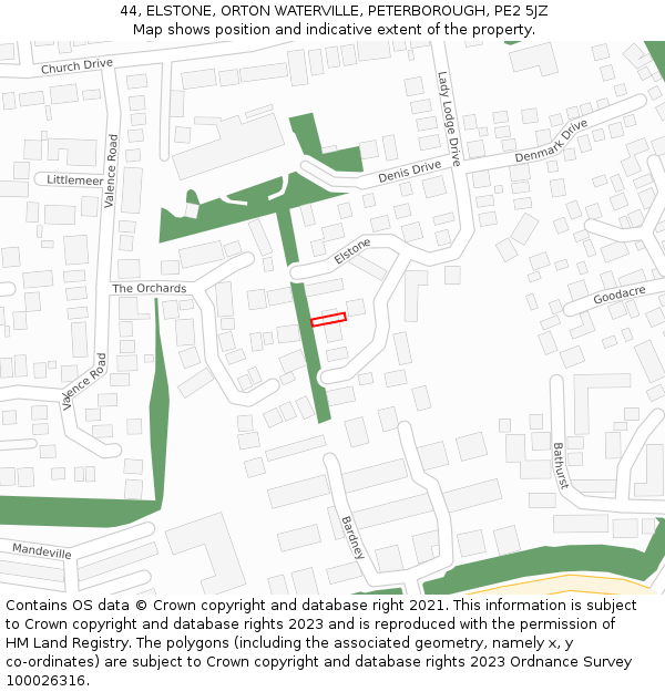 44, ELSTONE, ORTON WATERVILLE, PETERBOROUGH, PE2 5JZ: Location map and indicative extent of plot