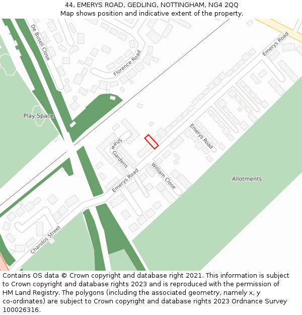 44, EMERYS ROAD, GEDLING, NOTTINGHAM, NG4 2QQ: Location map and indicative extent of plot