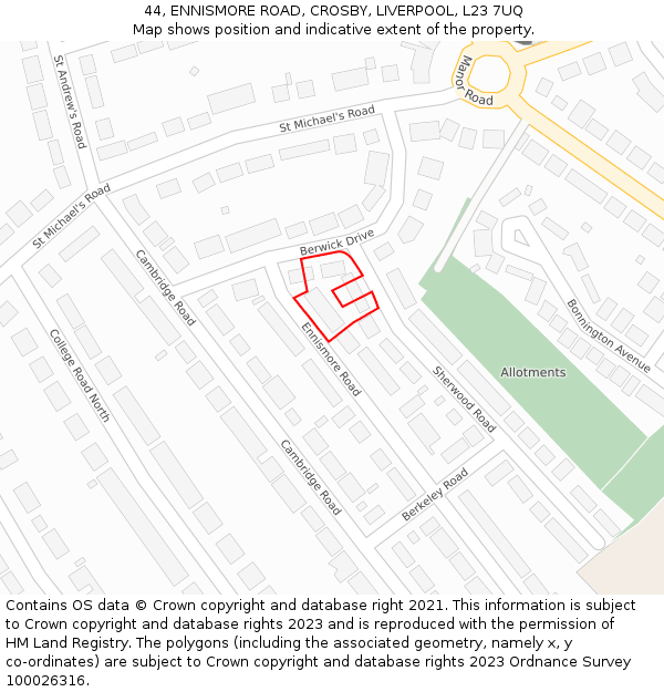 44, ENNISMORE ROAD, CROSBY, LIVERPOOL, L23 7UQ: Location map and indicative extent of plot